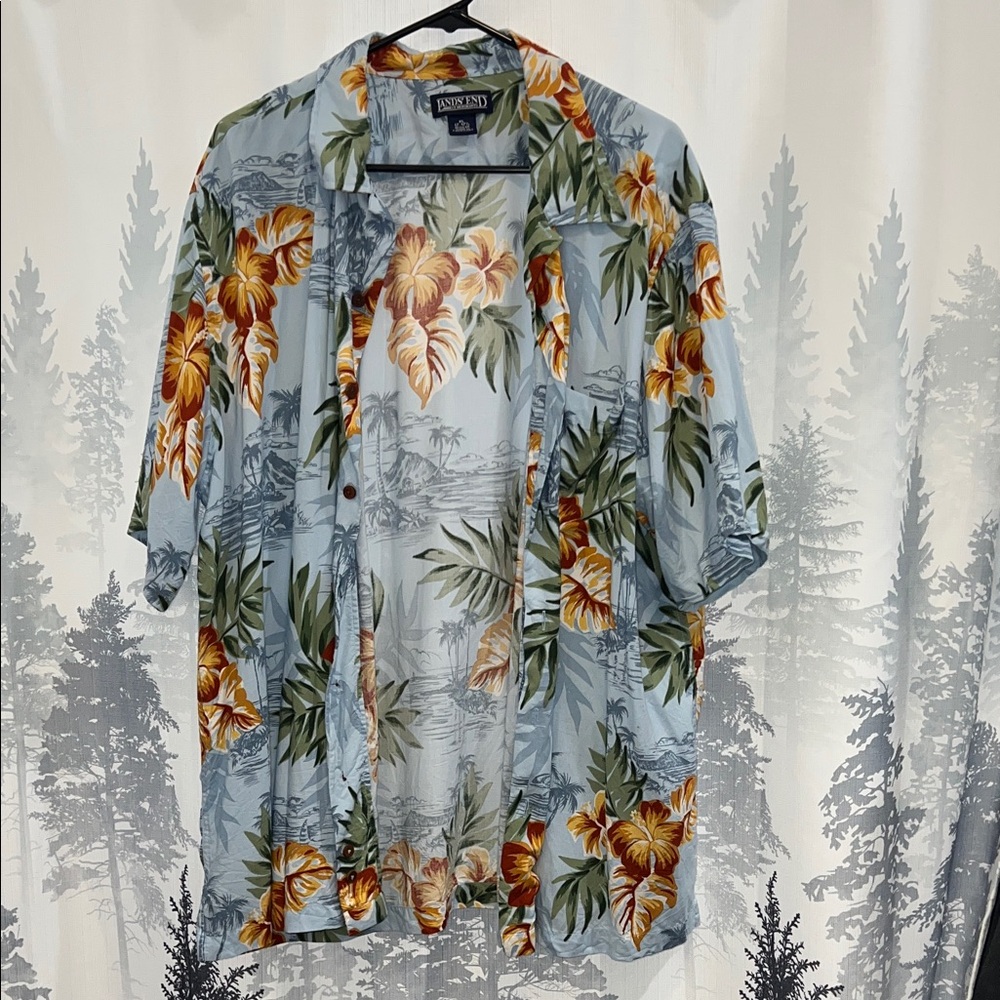 Lands' End Tropical Print Shirt - Green and Orange